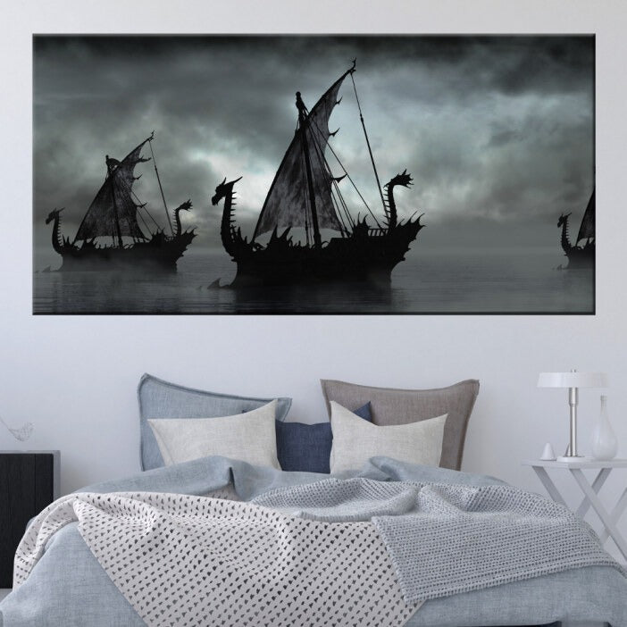 Tableau drakkar dans la brume
