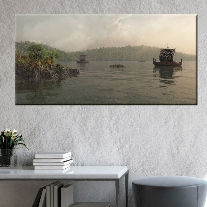 Tableau drakkar dans une baie