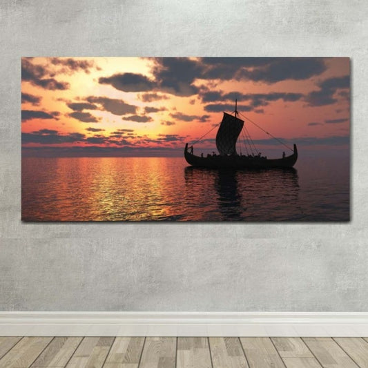 Tableau drakkar viking couché de soleil