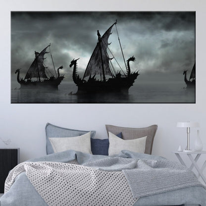 Tableau drakkar dans la brume