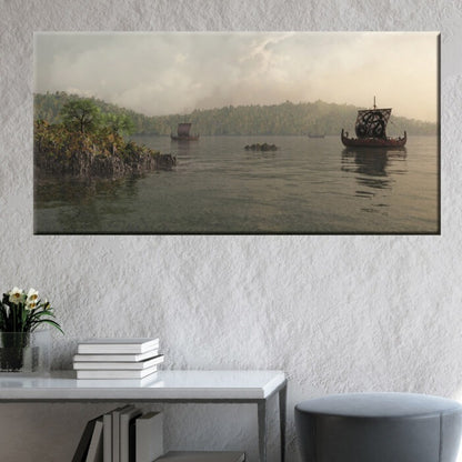Tableau drakkar dans une baie