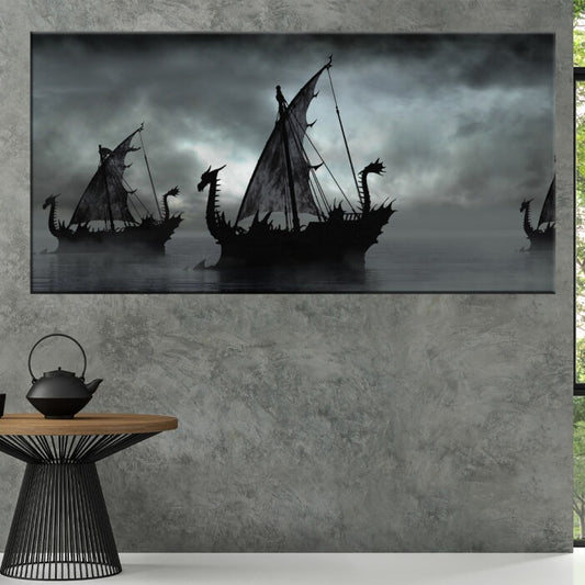 Tableau drakkar dans la brume