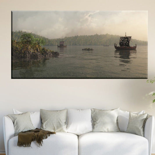 Tableau drakkar dans une baie